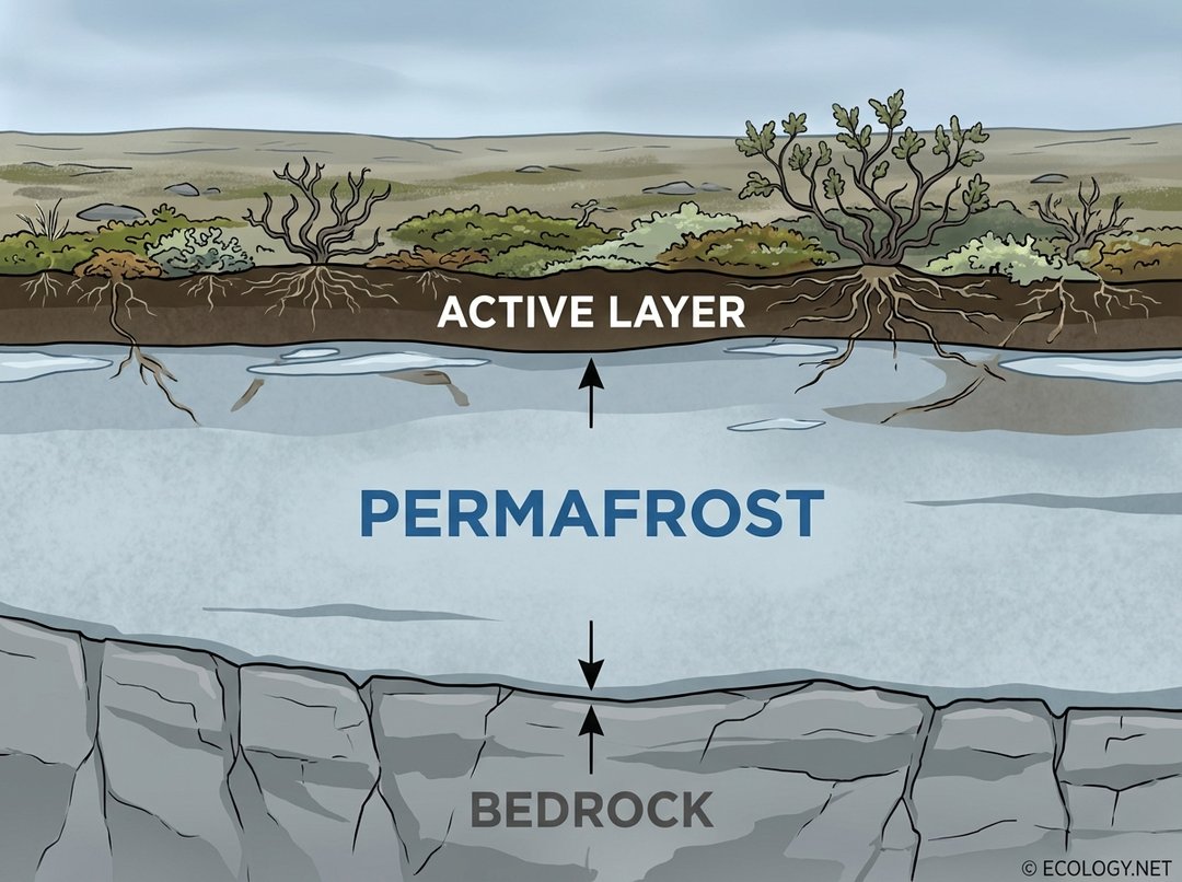An illustrative diagram showing a cross-section of tundra ground with an active layer, permafrost, and bedrock.