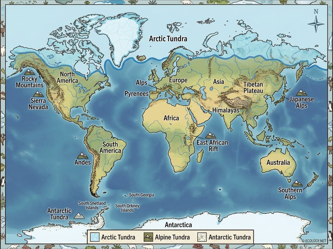A world map highlighting the global distribution of Arctic, Alpine, and Antarctic tundra types.