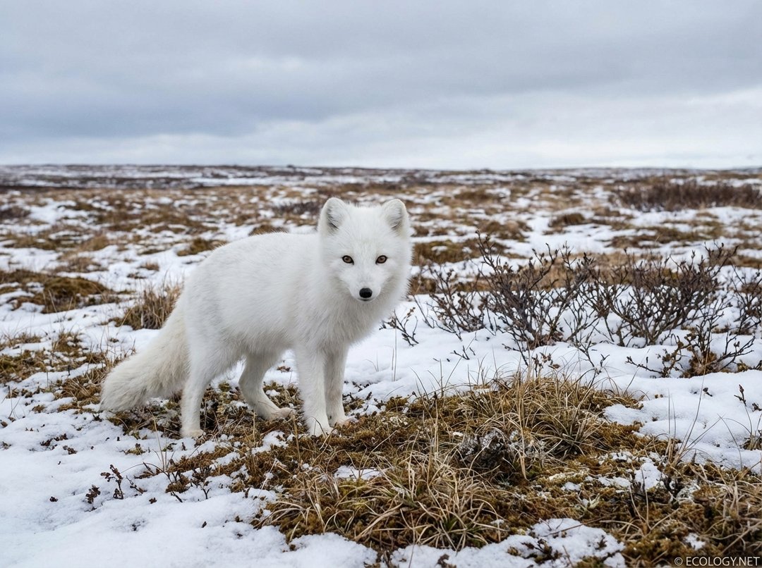 An Arctic Fox with white winter fur blending into a snowy, treeless tundra landscape.