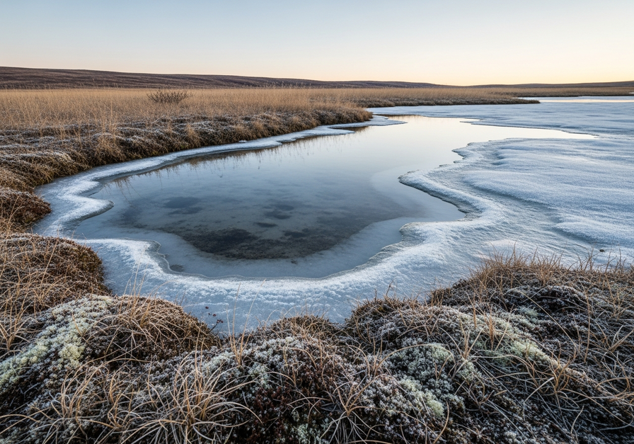 A thermokarst lake in the Arctic tundra, showing permafrost thaw.