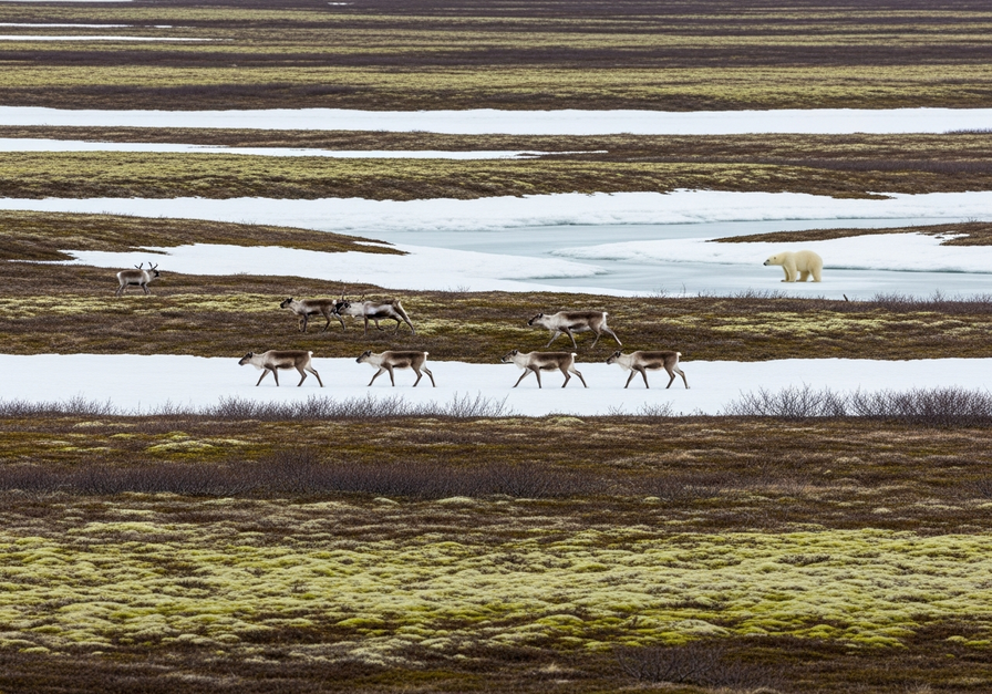 Panoramic view of Arctic tundra with caribou and a polar bear.