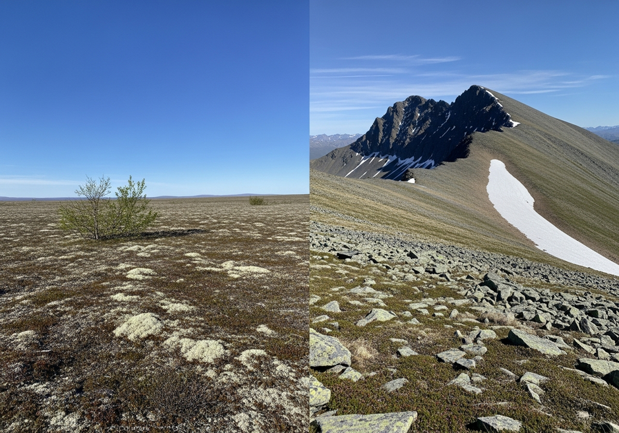 Split image contrasting Arctic tundra with permafrost and Alpine tundra with rocky slopes.