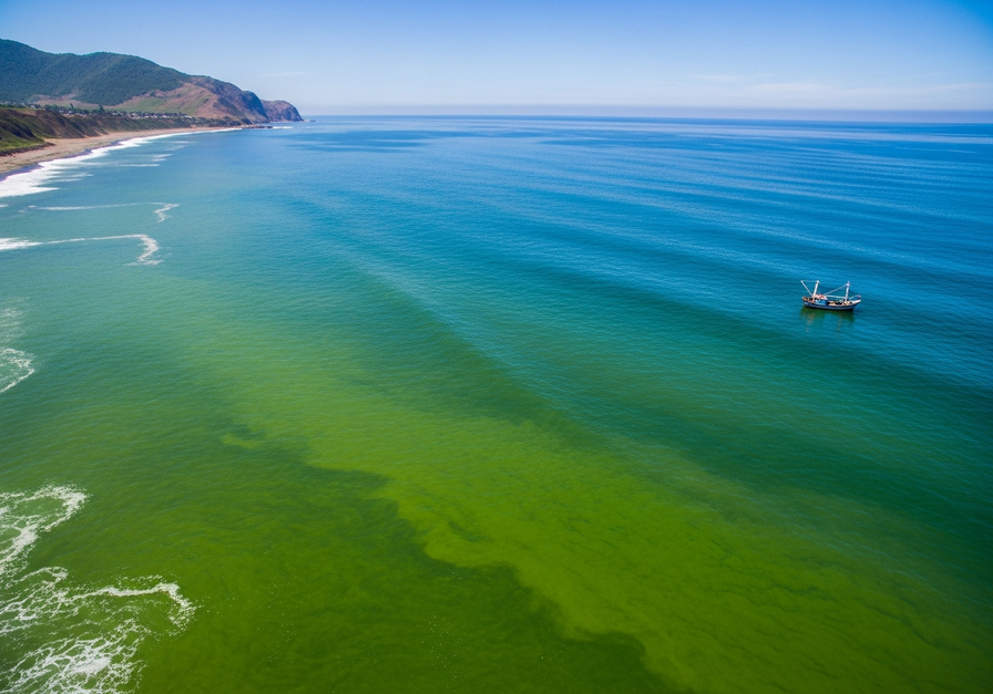 Aerial view of a vibrant green phytoplankton bloom off the coast of Peru, indicating a strong upwelling event.