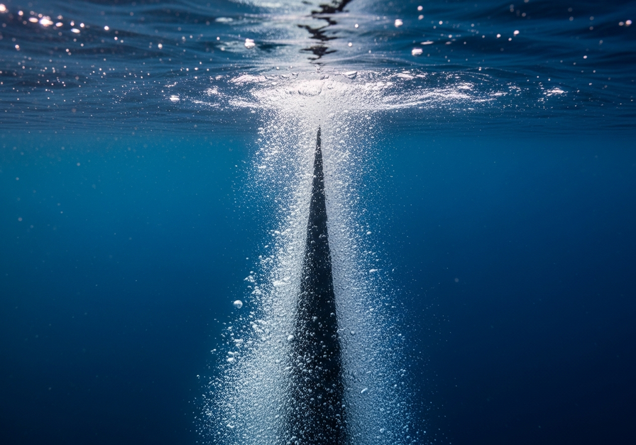 Underwater view of a column of cold, dark, nutrient-rich water rising from the seabed.