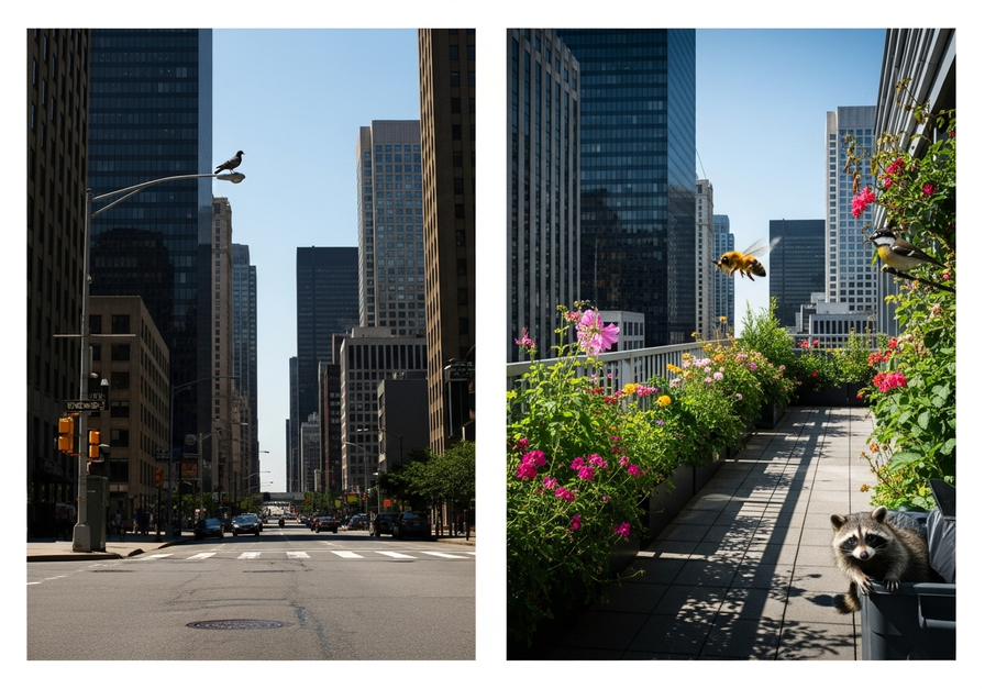 A split-screen image contrasting a hot, concrete city street with a lush, cool green roof terrace overlooking the same skyline, showing heat mitigation.