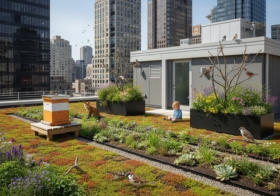 A vibrant green roof teeming with plants, a beehive, a fox, birds, and a child feeding a sparrow, set against a city skyline.