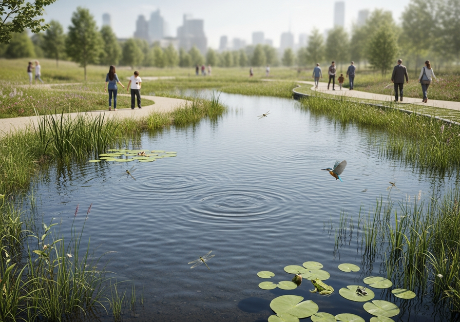 A restored urban wetland in a city park with reeds, dragonflies, a frog, birds, and people strolling, demonstrating ecosystem services.