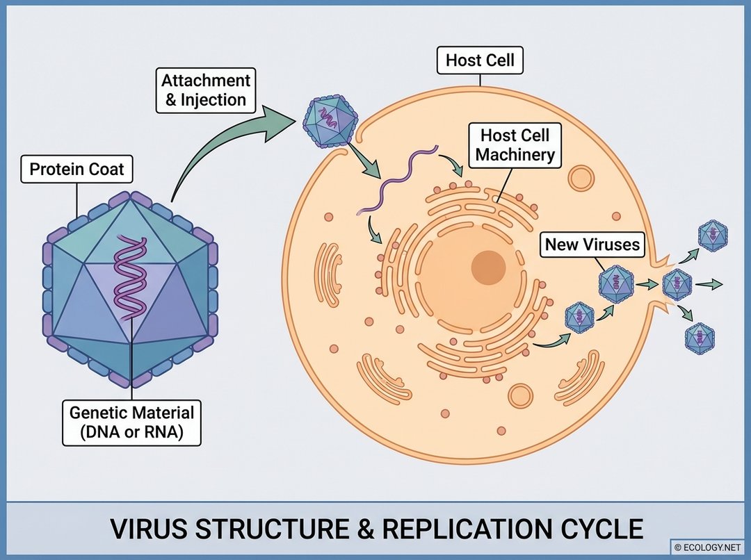 Diagram illustrating basic virus structure with protein coat and genetic material, and its replication cycle within a host cell.