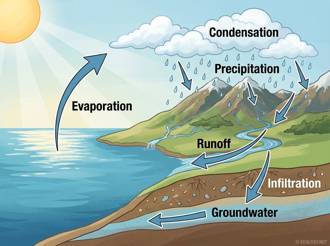 An illustrative diagram showing the continuous natural water cycle with evaporation, condensation, precipitation, runoff, infiltration, and groundwater.