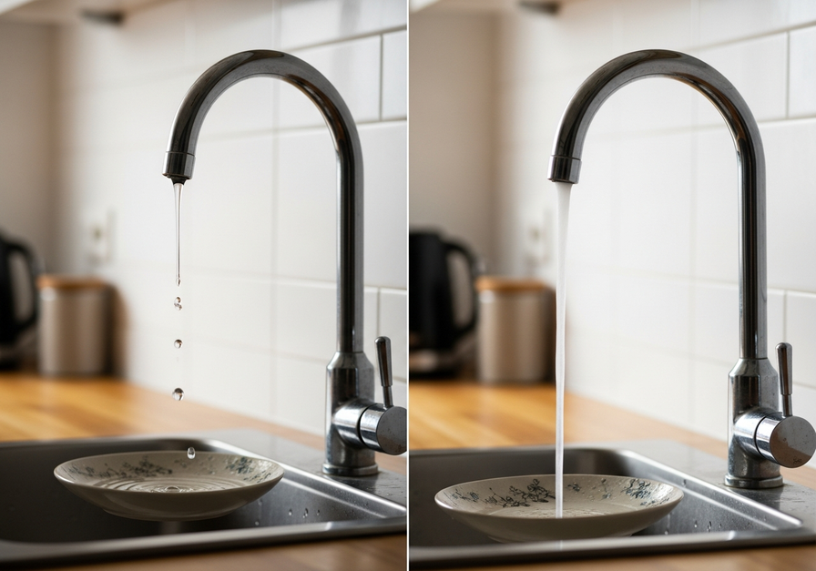 A split-screen image showing a kitchen faucet with a slow drip on the left and the same faucet turned off with no water running on the right.