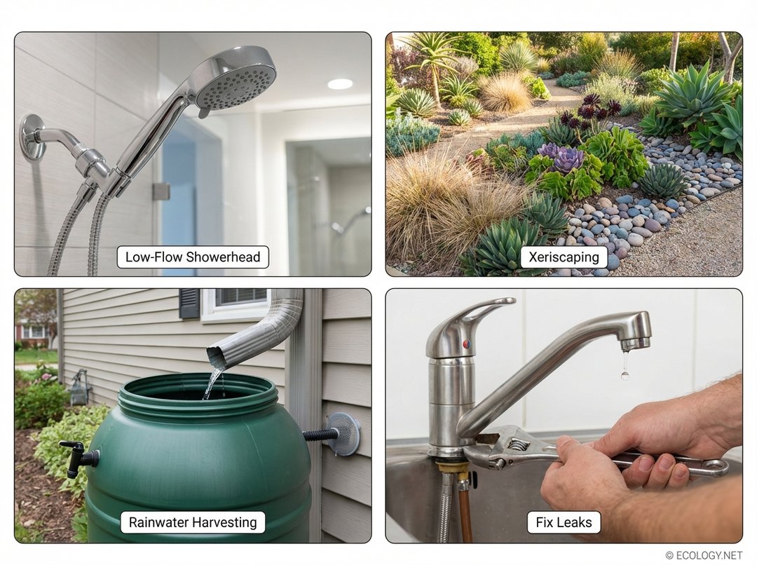 A multi-panel image showing individual water conservation strategies: a low-flow showerhead, xeriscaping, a rainwater harvesting barrel, and hands fixing a leaky faucet.