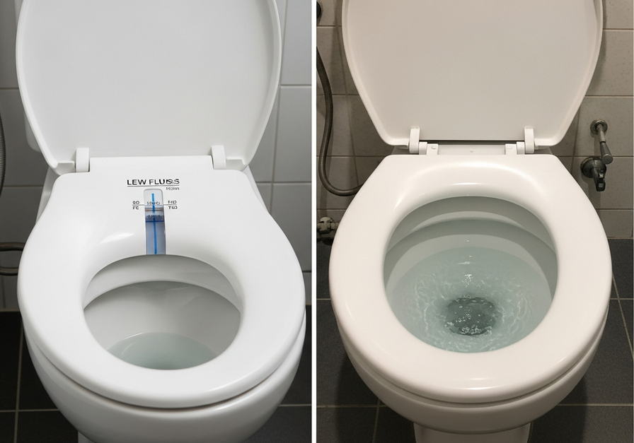 A split-screen image comparing a modern dual-flush toilet on the left with a classic high-volume toilet on the right.