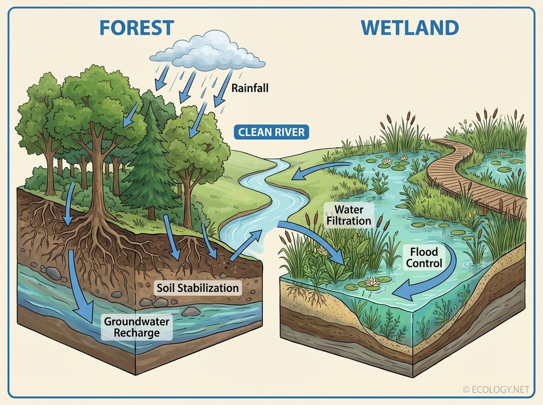 An illustrative diagram showing the role of wetlands and forests in water conservation, highlighting groundwater recharge, water filtration, and flood control.