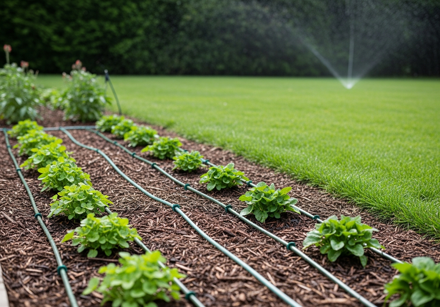 A backyard garden using drip irrigation with small tubes beneath mulch, showing healthy plants and no visible water waste.