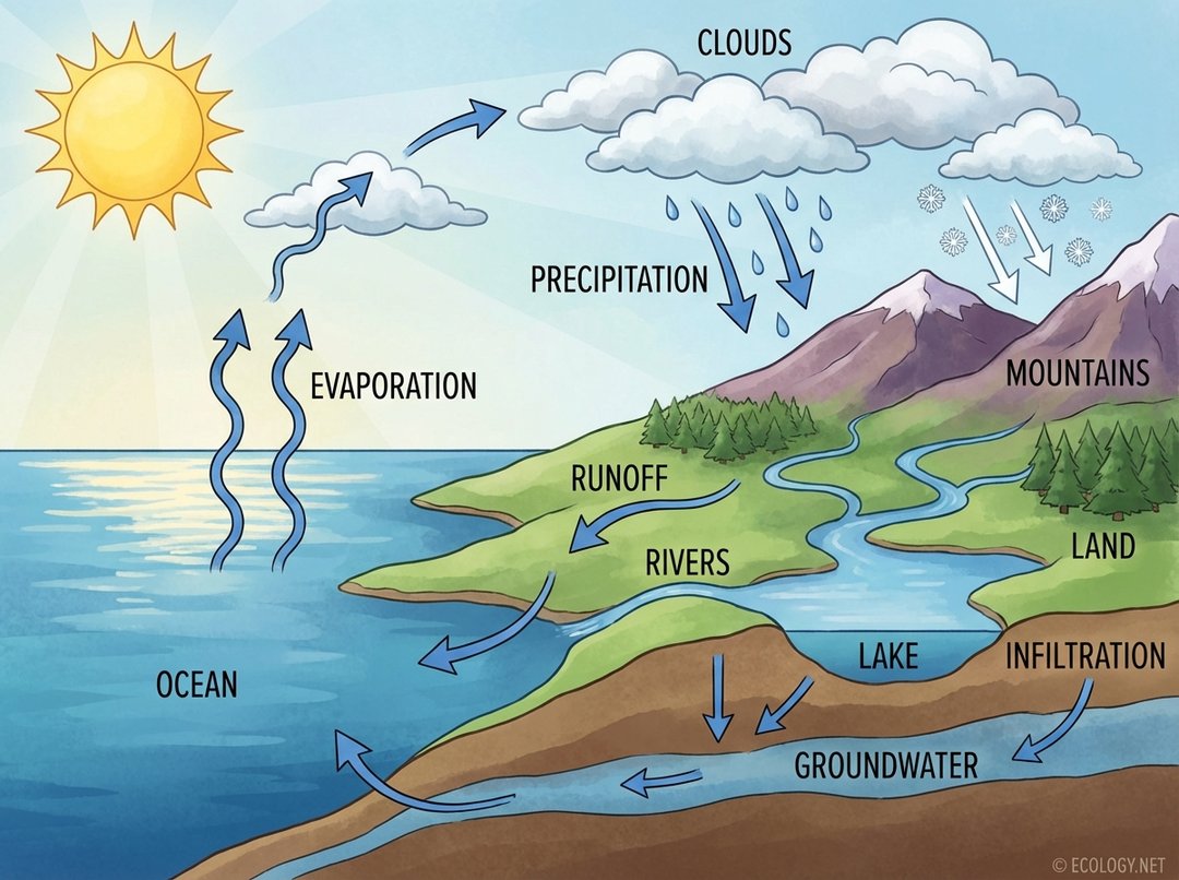 Illustrative diagram showing the global water cycle with evaporation, condensation, precipitation, runoff, infiltration, and groundwater.