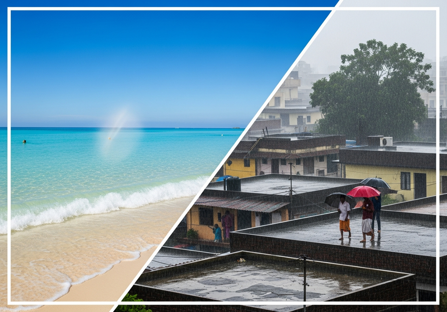 Split-screen showing evaporation from a tropical beach and monsoon rain over an Indian village.