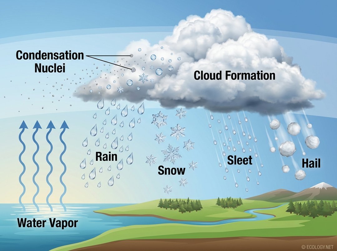 Diagram illustrating condensation forming clouds and various forms of precipitation like rain, snow, sleet, and hail.