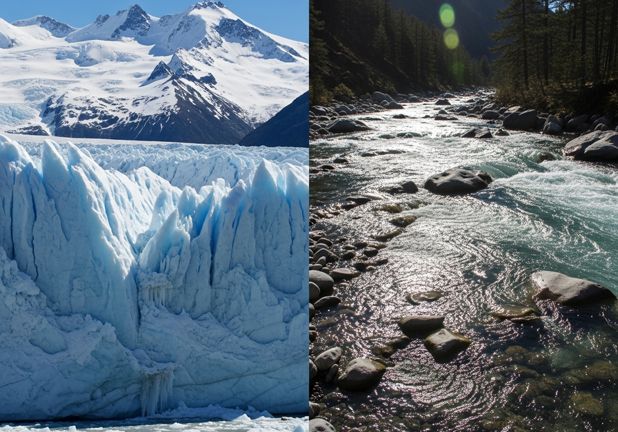 Split-screen showing a towering glacier and a rushing river flowing from its melt.