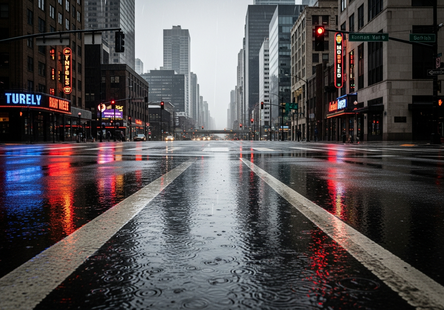 Urban street with wet concrete and reflections after rain, showing increased runoff.