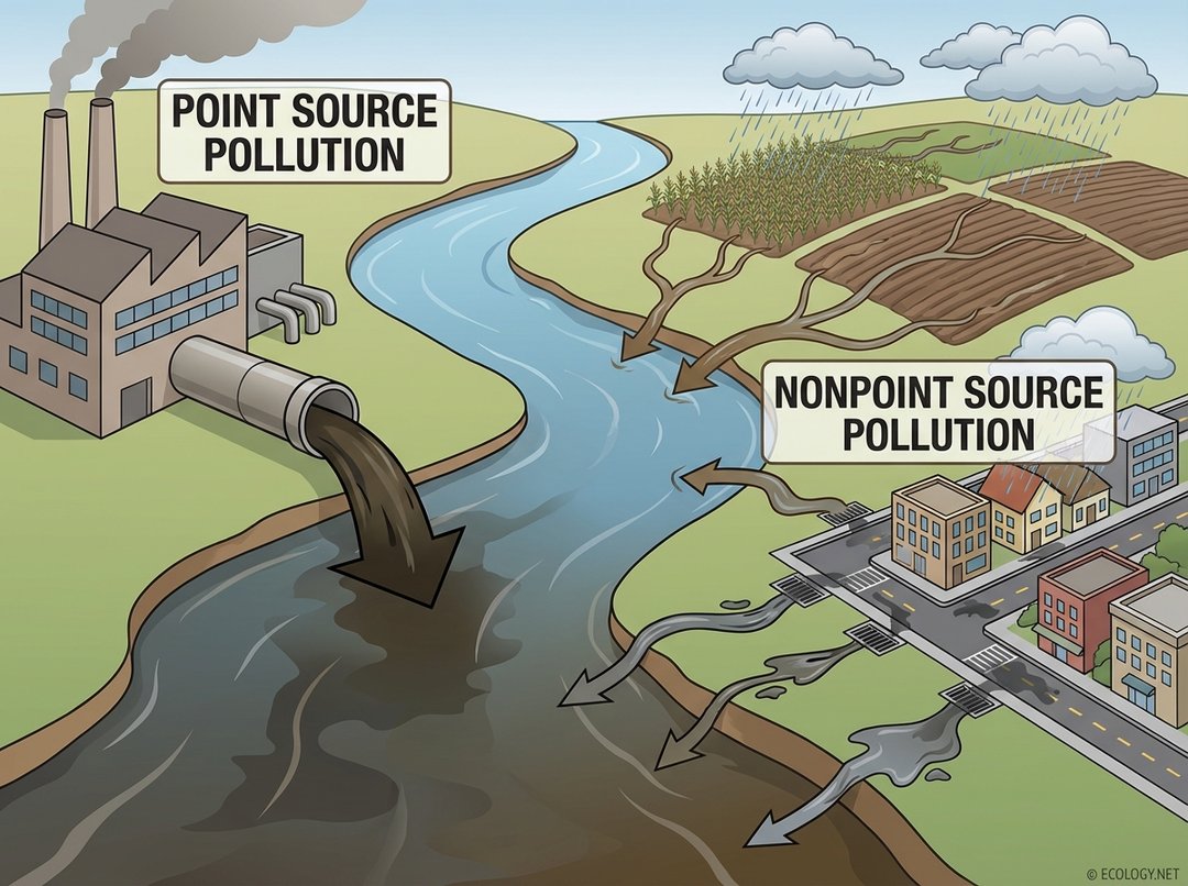 An illustrative diagram showing a factory discharging point source pollution and agricultural runoff and urban storm drains causing nonpoint source pollution into a river.