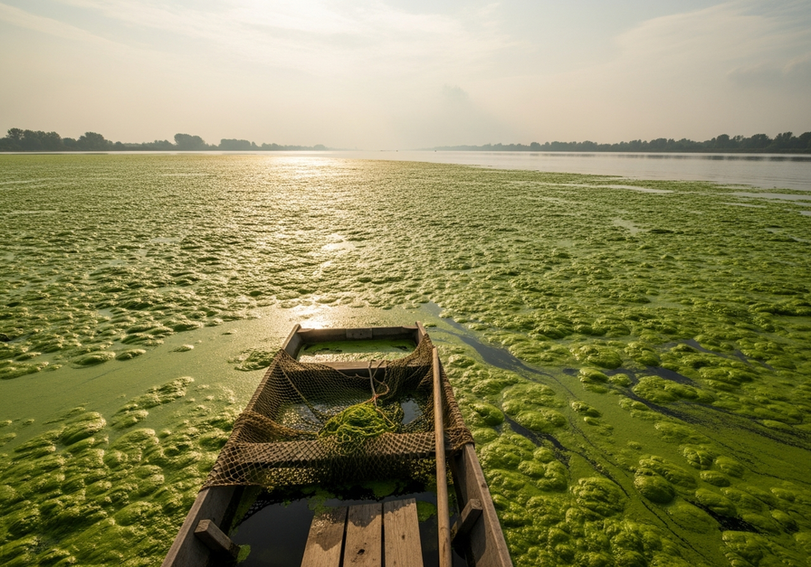 A dense, bright green algal bloom covering a calm river, with a small dock or boat in the foreground, illustrating nutrient pollution.