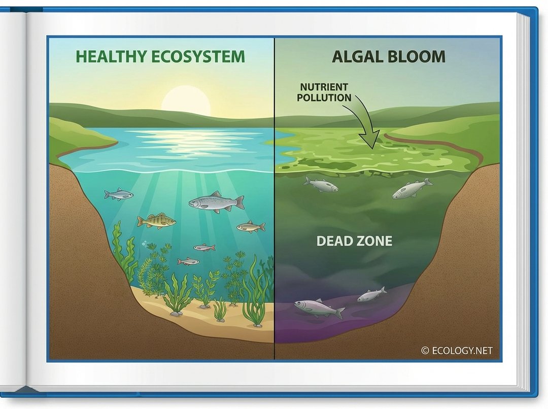 A diagram contrasting a healthy aquatic ecosystem with clear water and diverse life against an area with a dense algal bloom, dead fish, and a lack of oxygen forming a dead zone.