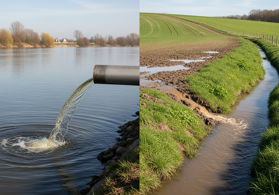 A split-screen image showing an industrial pipe discharging into a river (point source) on the left, and agricultural runoff flowing into a stream (nonpoint source) on the right.