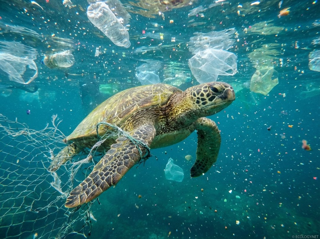 A photo-realistic image of a sea turtle entangled in a plastic fishing net and surrounded by plastic debris in polluted ocean water.