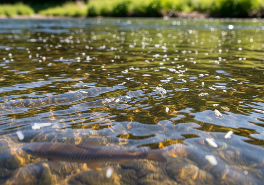 A close-up of clear river water with tiny white microplastic fragments suspended, and a small fish swimming nearby.