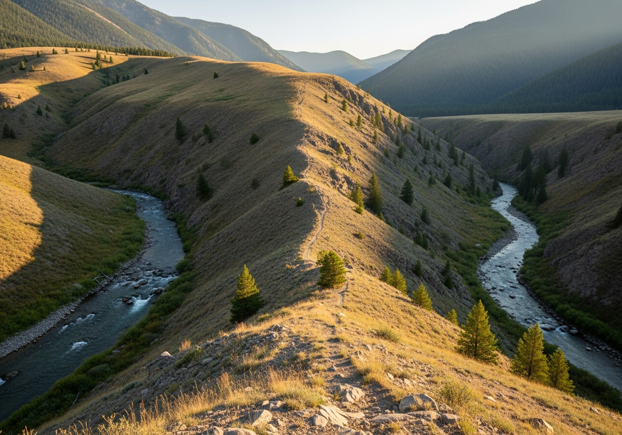 A dramatic mountain ridge during golden hour, clearly dividing two valleys with distinct drainage patterns.