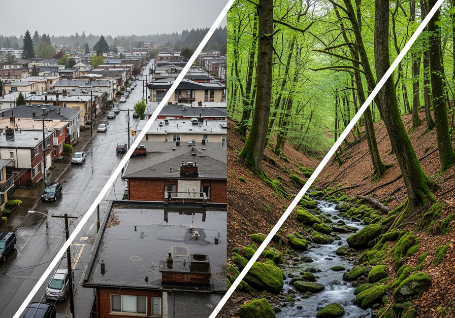 A split-screen image contrasting a densely urbanized area with visible storm drains and puddles on the left, and a lush, reforested slope with a healthy stream on the right.
