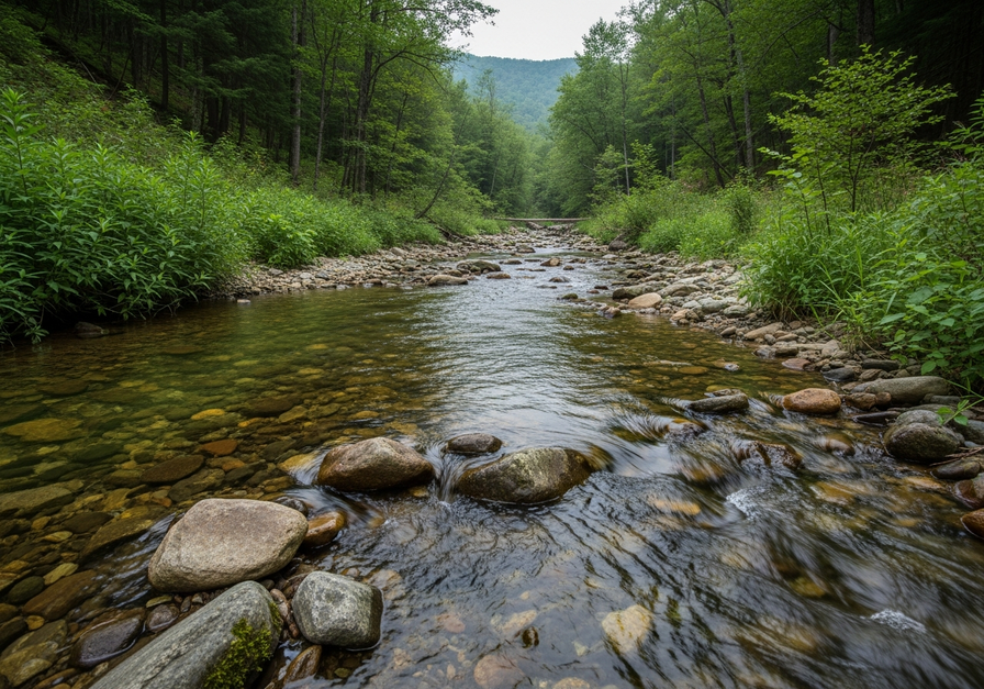 A close-up of a tranquil first-order stream in a forested valley, with a small tributary merging into it, illustrating a branching stream network.