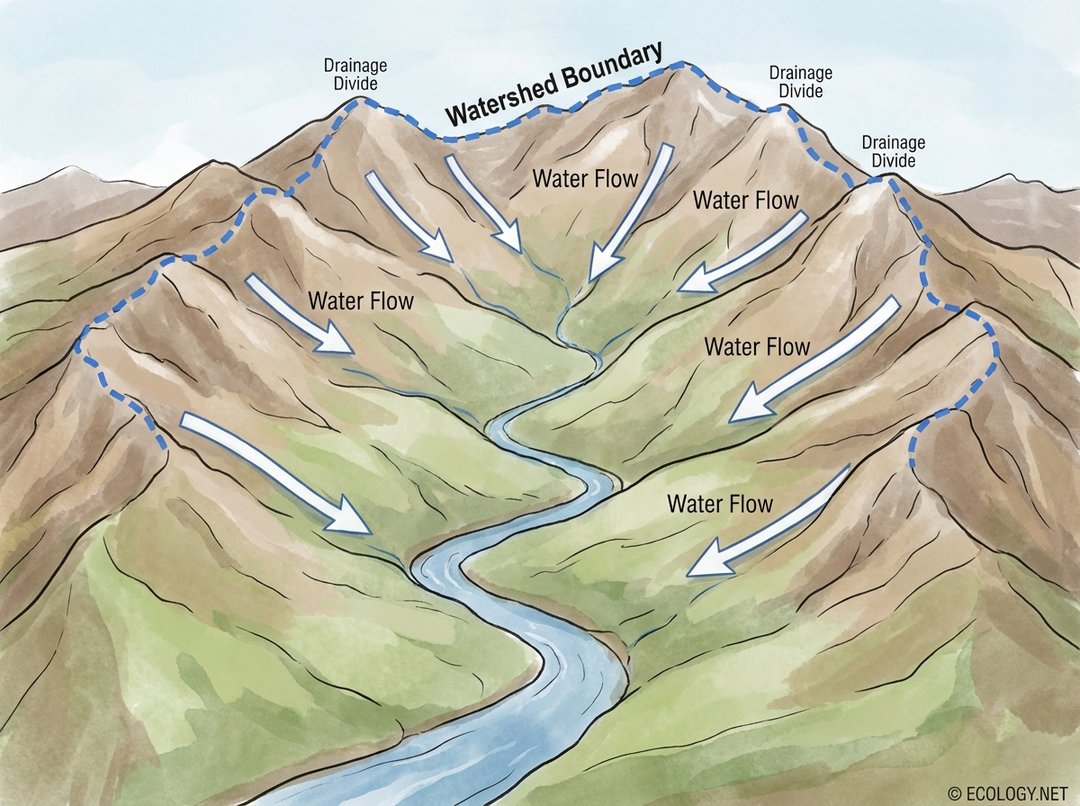 Diagram illustrating a watershed boundary, water flow, and drainage divides in a mountainous landscape.