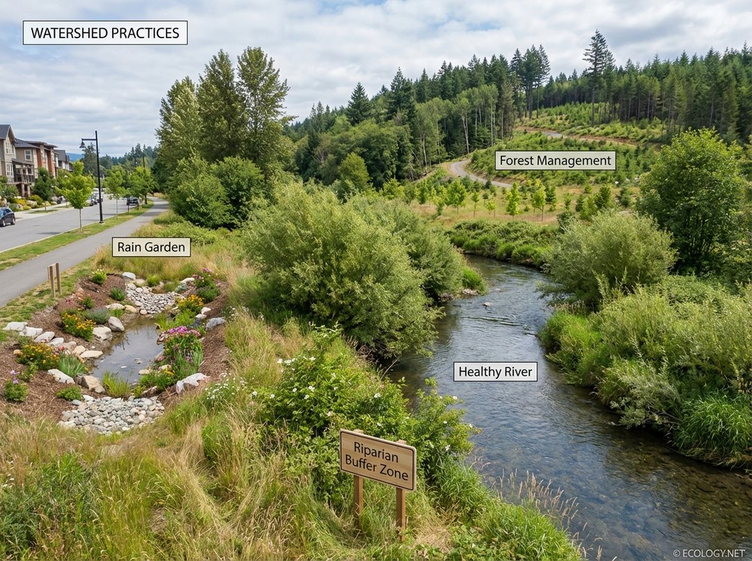 Photo showing a healthy river with riparian buffer, sustainable forest management, and a rain garden in an urban area.