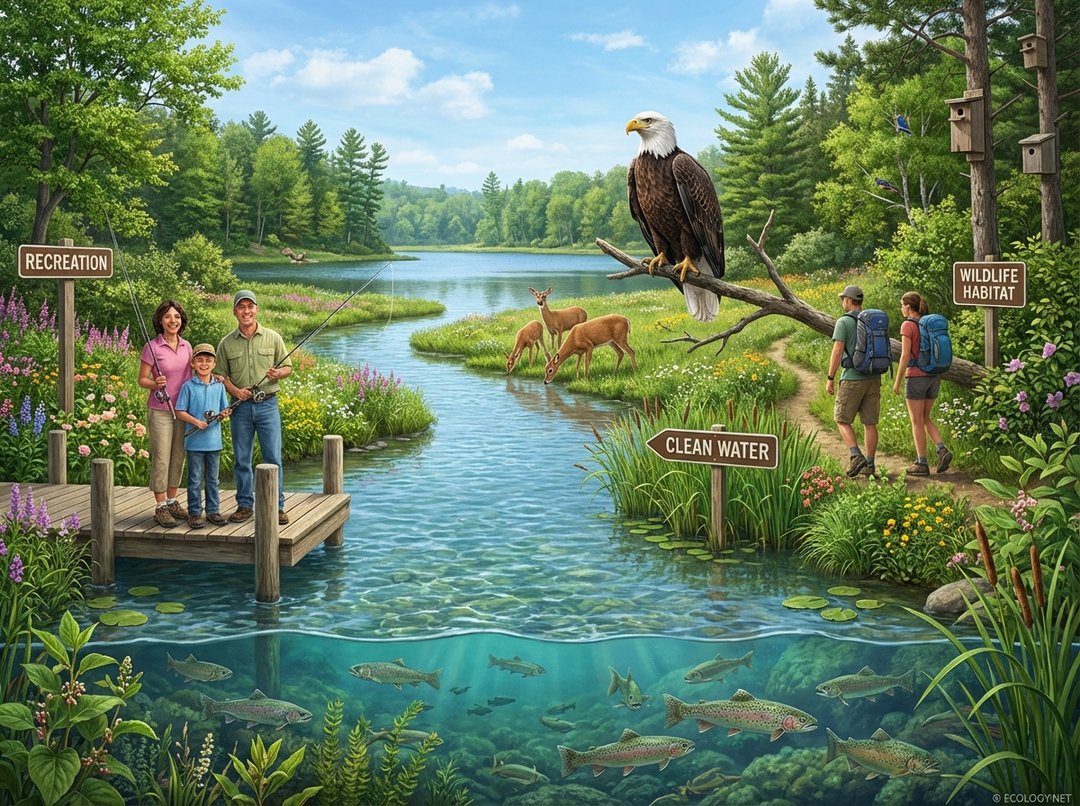 Vibrant landscape depicting clean water, diverse wildlife habitat, and people enjoying recreation, showcasing benefits of healthy watersheds.