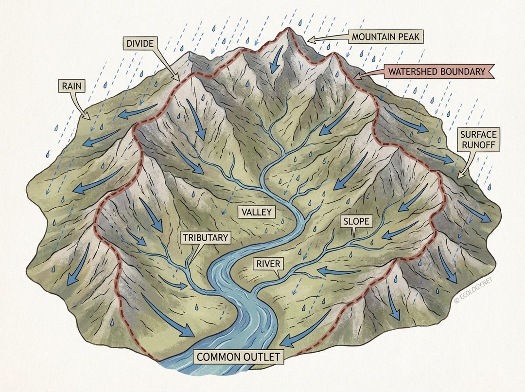 Illustrative diagram showing a mountainous landscape with a river, watershed boundary, and arrows depicting water flow to a common outlet.