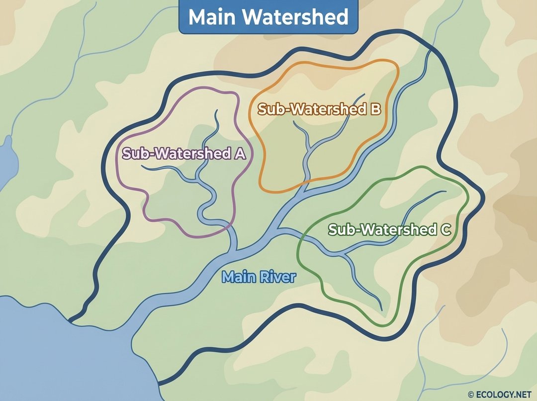 Diagram showing a large main watershed encompassing several smaller, nested sub-watersheds, each with its own stream converging into a main river.