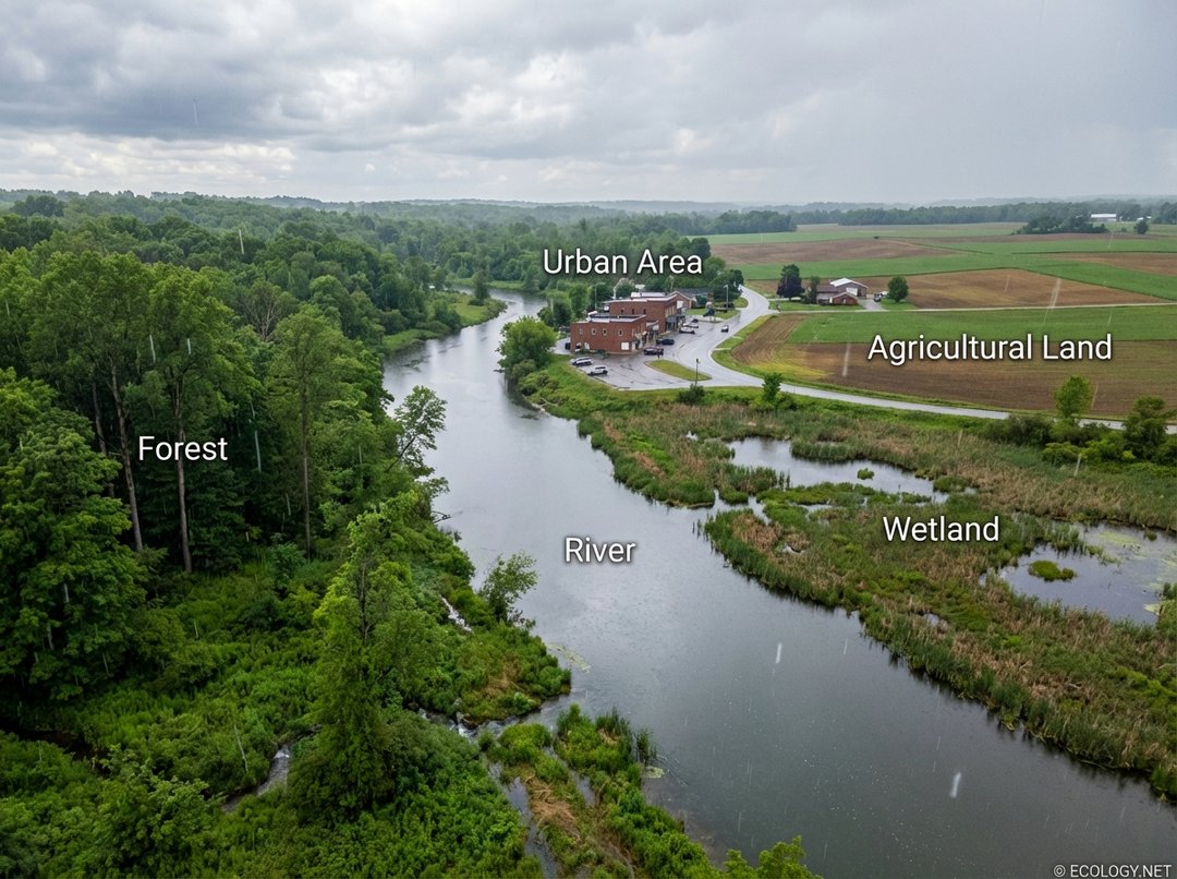 Photo-realistic image of a diverse watershed landscape with a river, forest, agricultural land, urban area, and wetland, all clearly labeled.