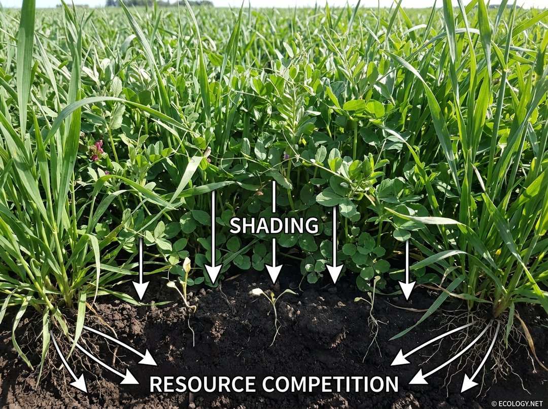 Photo-realistic image of a dense cover crop suppressing weed seedlings through shading and resource competition.