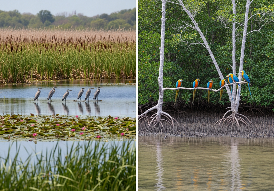 Split-screen image contrasting a serene freshwater marsh with cattails and herons on the left, and a dense coastal mangrove swamp with stilt-rooted trees and macaws on the right, visually illustrating diverse wetland ecosystems.