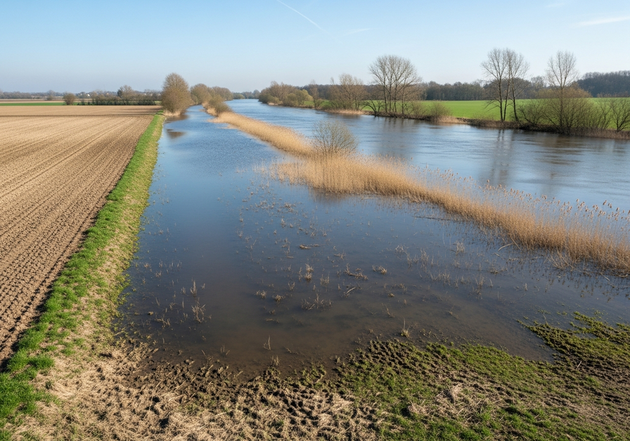 Single photograph of a spring river floodplain showing a swollen river overflowing into a wide expanse of saturated wetland soil on the right, contrasting with dry farmland on the left, demonstrating wetlands' flood control capacity.