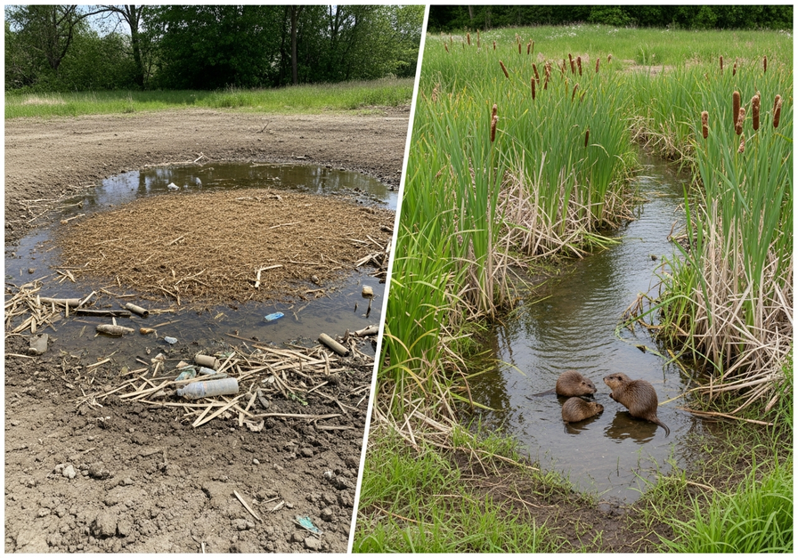 Split-screen photo showing a barren, degraded former wetland site littered with debris on the left, and the same location after restoration on the right, now a vibrant wetland with cattails, a stream, and muskrats, illustrating successful restoration.