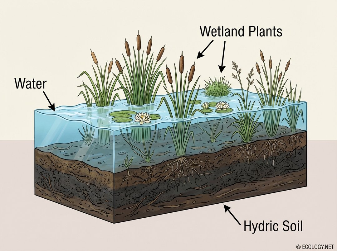 An illustrative diagram showing a cross-section of a wetland with labels for water, hydric soil, and wetland plants.