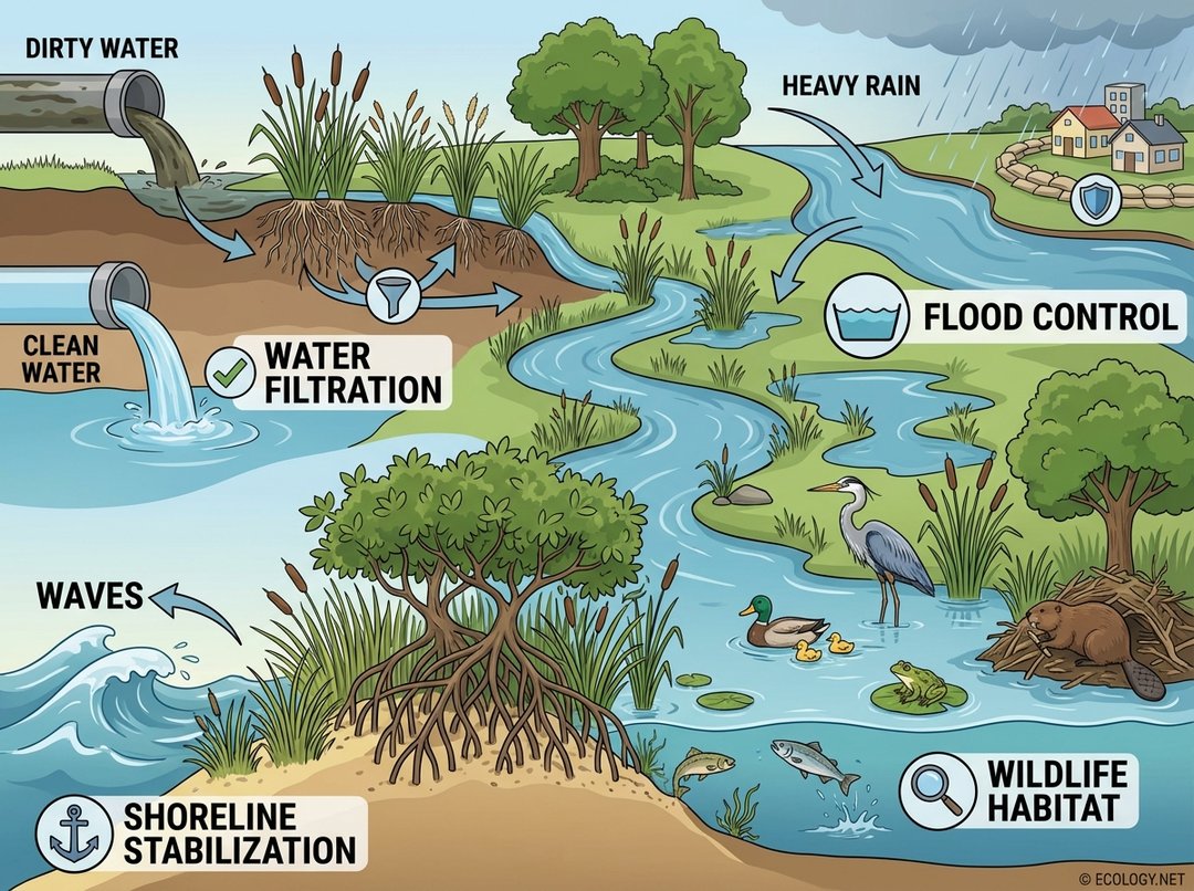 An infographic illustrating wetland ecological services: water filtration, flood control, shoreline stabilization, and wildlife habitat.