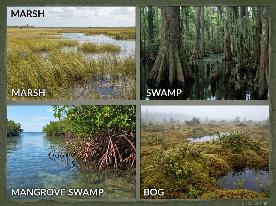 A photo collage showcasing diverse wetland types: marsh, swamp, mangrove swamp, and bog.