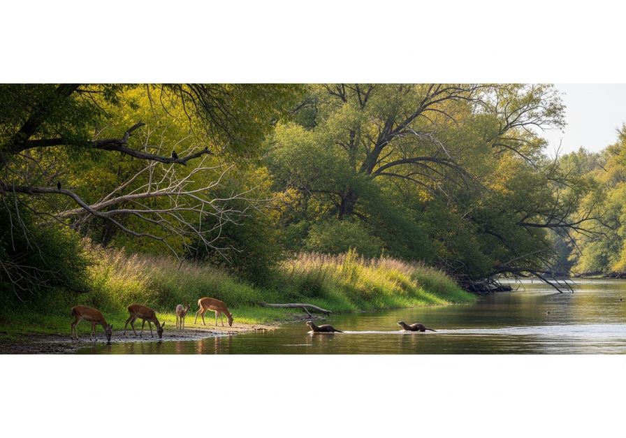 A lush riverbank acting as a linear wildlife corridor for deer and otters.