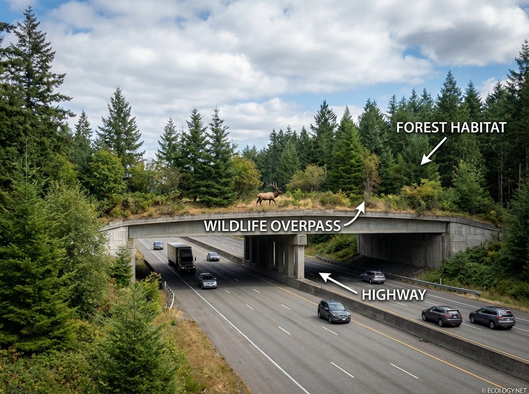 Photo of a lush wildlife overpass above a highway, with an elk crossing.