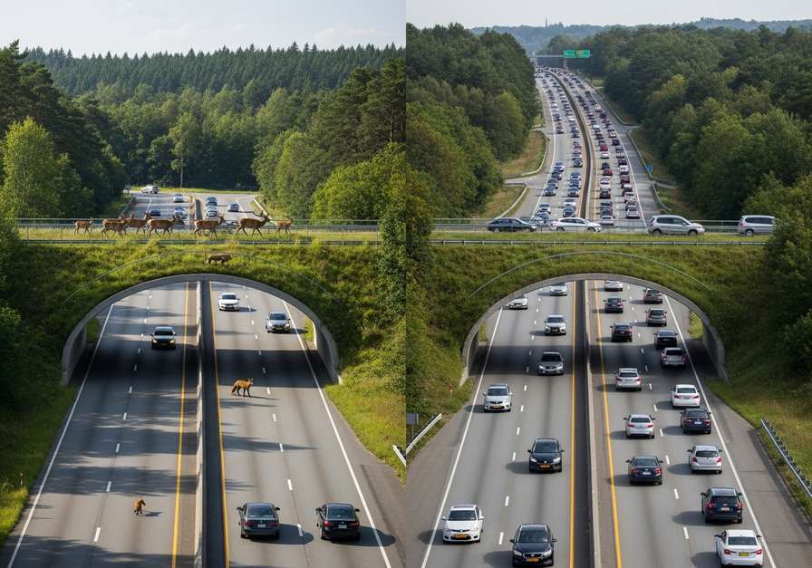 A split-screen image showing a vegetated wildlife overpass used by deer and fox, contrasting with a busy highway.