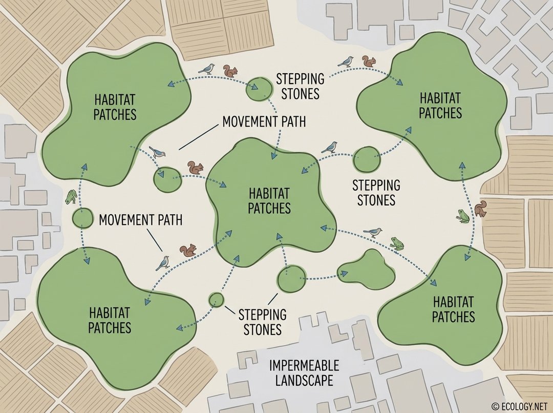 Diagram illustrating stepping stone habitats connecting larger patches for animal movement.
