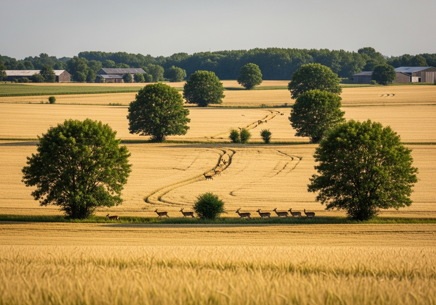 Deer moving between small forest patches in farmland, illustrating a stepping-stone corridor.